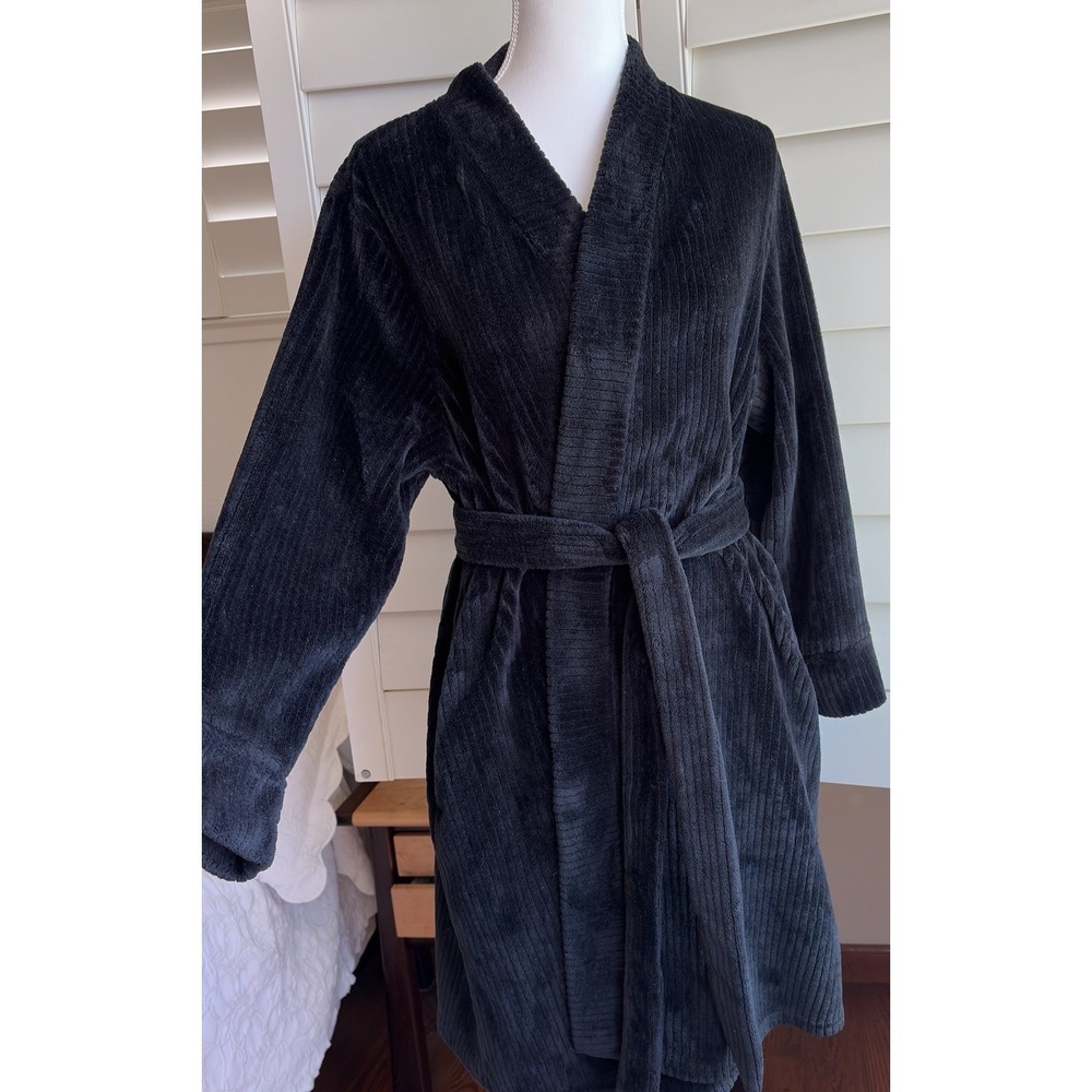 Ekouaer Women M Plush Fleece Robe Black Ribbed Sewn On Belt Short Bathrobe Spa